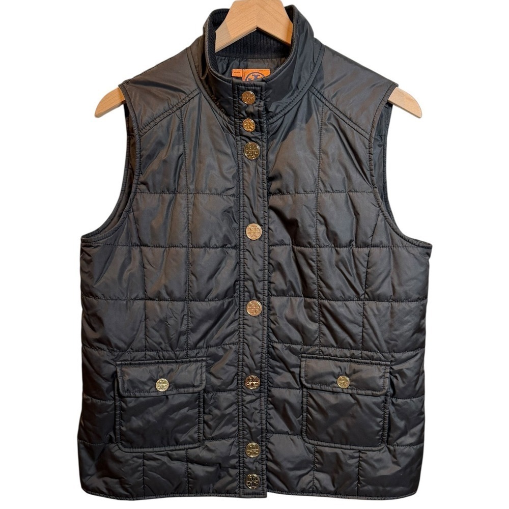 Tory Burch Black Quilted Puffer Vest Gold Logo Snap Button Preppy Luxury Large L